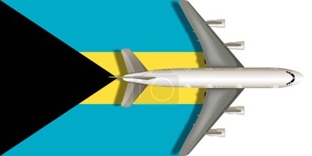 Flagge der Bahamas mit einem Flugzeug, das darüber fliegt. Vektorbild.