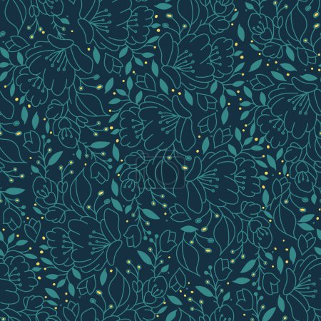 Téléchargez les illustrations : Seamless pattern with hand drawn flowers and leafs. Vector dark decorative floral abstract background. - en licence libre de droit