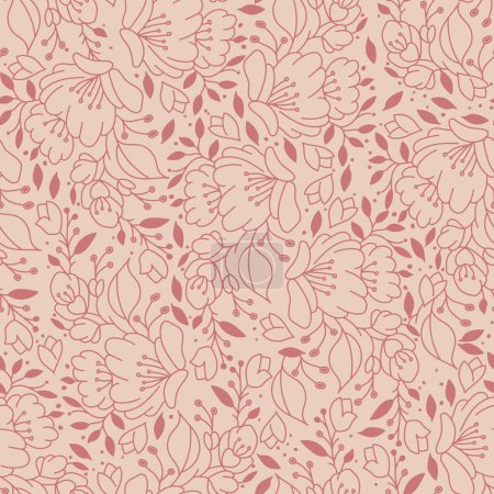 Ilustración de Seamless pattern with hand drawn flowers and leafs. Vector rose-color decorative floral abstract background. - Imagen libre de derechos