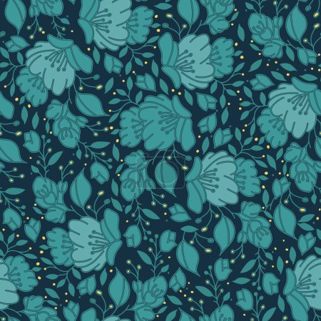 Illustration for Seamless pattern with hand drawn flowers and leafs. Vector green decorative floral abstract background. - Royalty Free Image