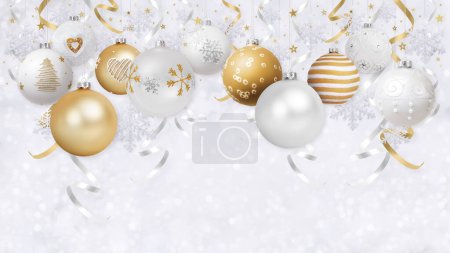 Frohe Weihnachten Geschenk-Grußkarte, mit verzierten goldenen Kugeln, Hintergrund mit bunten Bändern und glitzernden Schneeflocken auf Bokeh-Lichtern, leere Kopierplatzvorlage für Werbebanner