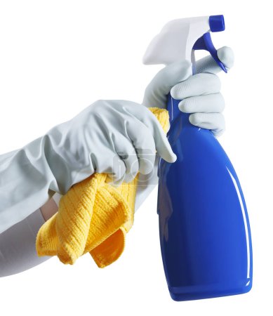 Photo for Cleaning service and solutions. Hands with gloves, rags and spray bottle isolated on white background, search cleaning company on site online for a quote and support. Shopping cleaning products online. - Royalty Free Image