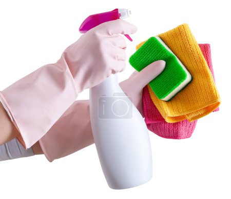 Photo for Cleaning service and solutions. Hands with gloves, rags and spray bottle isolated on white background, search cleaning company on site online for a quote and support. Shopping cleaning products online. - Royalty Free Image