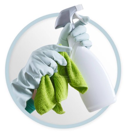 Photo for Cleaning service and products icon. Hands with gloves, green rag and spray bottle isolated on white background, contacts housekeeping company. Advertisement, Shopping and e commerce banner template. - Royalty Free Image