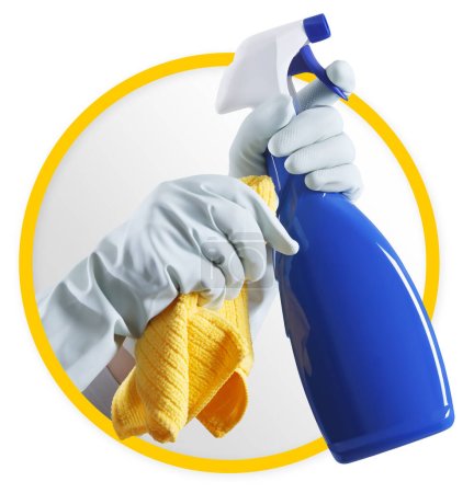 Photo for Cleaning service and products icon. Hands with gloves, rag and blue spray bottle isolated on white background, contacts housekeeping company. Advertisement, Shopping and e commerce banner template. - Royalty Free Image