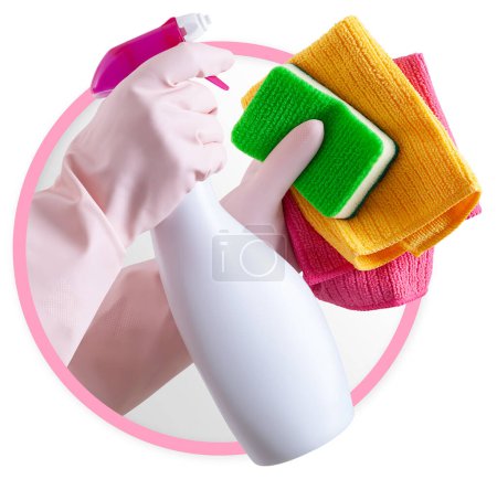 Photo for Cleaning service and products icon. Hands with pink gloves, rag and spray bottle isolated on white background, contacts housekeeping company. Advertisement, Shopping and e commerce banner template. - Royalty Free Image