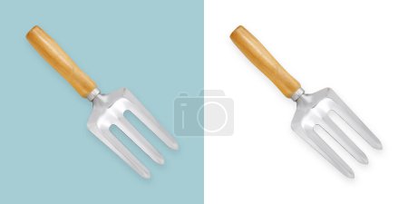 Photo for Garden hand weeder fork tool with wooden handle for planting and weeding jobs, mulch, transplanting, cultivating the soil around plants gardening and potting. Isolated top view on white background. - Royalty Free Image