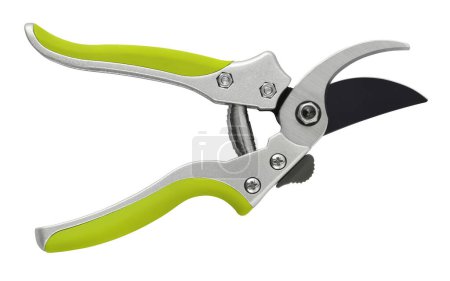 Gardening tool equipment. Single steel garden scissor with green plastic grip for pruned or plants, and flowers garden work. Pruning of vineyard or fruit tree. Top view isolated with clipping path