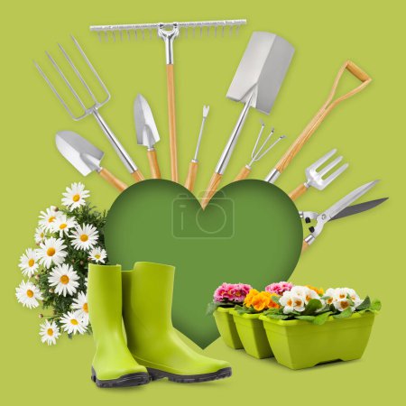 Photo for Gardening tool equipment and green heart shape, rubber boots and daisies flowers isolated on green background. Banner for online shopping, e-commerce, vegetable garden, florist shop and greenhouse - Royalty Free Image