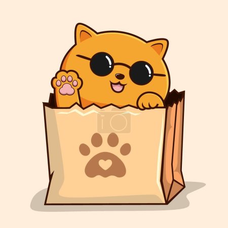 Illustration for Cat in Paper Bag - Cute Orange Cat Peekaboo in Shopping Bag Waving Hand Paws Circle Glasses - Royalty Free Image