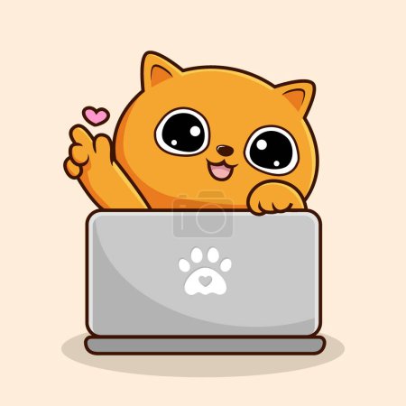 Photo for Orange Cat Kawaii Playing Laptop Cartoon - Orange Pussy Cat Love Hand Vector - Royalty Free Image