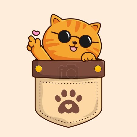 Photo for Tabby Orange Cat in Pocket Cartoon Waving Paws Hand - Striped Orange Cat - Royalty Free Image