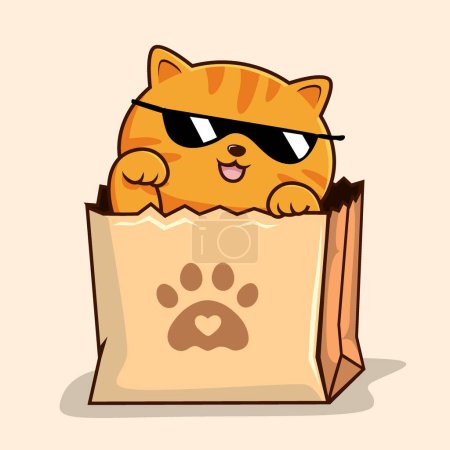 Illustration for Tabby Cat in Shopping Bag - Striped Orange Cat with Sunglasses in Paper Bag Waving Hand Paws - Royalty Free Image