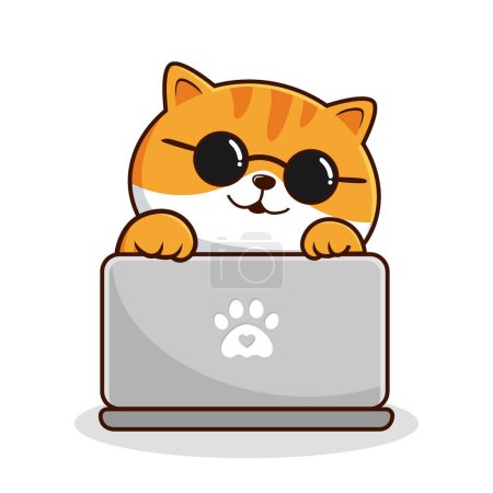 Photo for Tabby Cat Playing Laptop - White Orange Cats - Striped Cat Cool Circle Glasses - Royalty Free Image