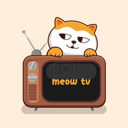 Photo for Cat with Old Television - Cute Orange Cat Playing Above TV Vintage - Royalty Free Image