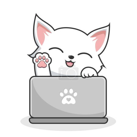 Photo for White Cat Playing Laptop Notebook - Cute White Pussy Cat Waving Paws Cartoon - Royalty Free Image
