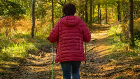 Foto de Senior Caucasian lady exercises by exploring the vibrantly colored forest on a beautiful autumn afternoon. Unrecognizable elderly woman in red jacket treks along a scenic forest trail. - Imagen libre de derechos