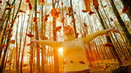 Photo for Joyful young Caucasian woman exploring the forest throws dry leaves in air. Carefree female hiker exploring woods plays with the crunchy fallen leaves on a sunny autumn evening. - Royalty Free Image