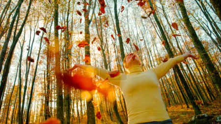 Téléchargez les photos : Cheerful young female hiker throws fallen leaves into the air at scenic autumn sunset. Smiling Caucasian woman is playing with dry leaves on a sunny fall evening in the colorful fall woods. - en image libre de droit