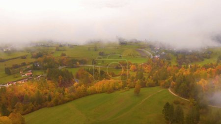 Téléchargez les photos : AÉRIAL : Survoler la forêt d'automne brumeuse et vers un village calme dans la campagne slovène. Point de vue pittoresque de drone de la campagne slovène aux couleurs vives changeant de couleurs au sommet de l'automne - en image libre de droit
