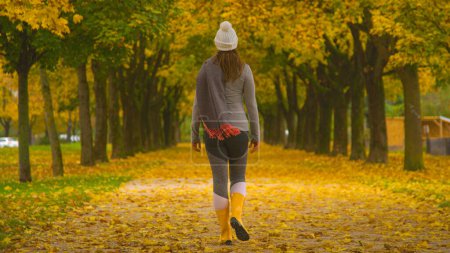 Téléchargez les photos : Unrecognizable young female walks along a walkway crossing the picturesque park. Female pedestrian strolls along a scenic autumn colored avenue in her yellow rubber boots on a cold November afternoon - en image libre de droit
