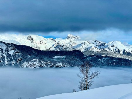 Téléchargez les photos : Small yellow sign indicates danger in the remote wintry mountains of alpine part of Slovenia. Breathtaking shot of the empty mountainous landscape of the Julian Alps on a frigid winter afternoon. - en image libre de droit