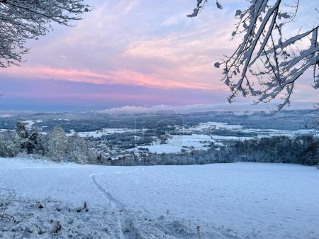Foto de Picturesque shot of the gorgeous wintry countryside on a colorful December morning. Breathtaking pink hued winter morning sky spans above idyllic white rural landscape. Christmas fairytale in Slovenia - Imagen libre de derechos