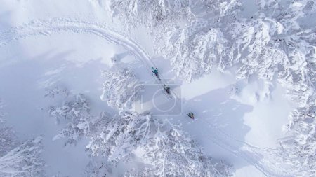 Foto de AERIAL, TOP DOWN: Volando por encima de un grupo de esquiadores recorriendo una montaña cubierta de nieve fresca. Los turistas activos caminan a lo largo de un sendero escénico durante un divertido viaje de splitboarding en las montañas eslovenas. - Imagen libre de derechos