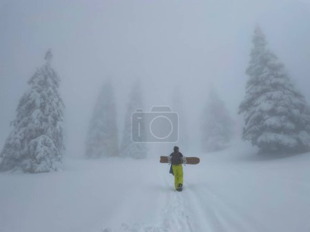 Photo for Man snowboarding in the Slovenian mountains treads fresh powder snow in the foggy backcountry. Young male snowboarder walks along a narrow footpath crossing a snowy meadow in the misty Julian Alps. - Royalty Free Image