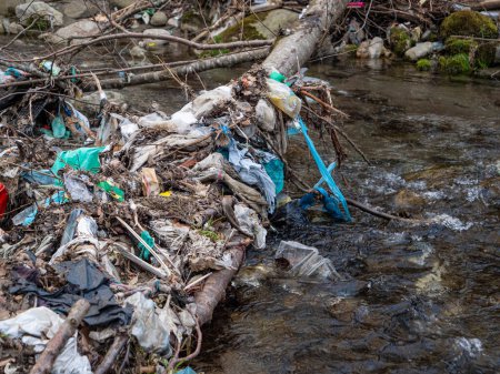 Photo for CLOSE UP: Plastic rubbish and other debris caught in a big branch in the river. Worrying sight of polluted river with inappropriate plastic rubbish disposal resulting in environmental degradation. - Royalty Free Image