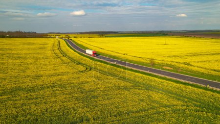 Téléchargez les photos : AERIAL: Cargo trucks driving on motorway road passing by yellow blooming fields. Running traffic on beautiful countryside asphalt roadway surrounded with flowering brassica rapa agricultural fields. - en image libre de droit