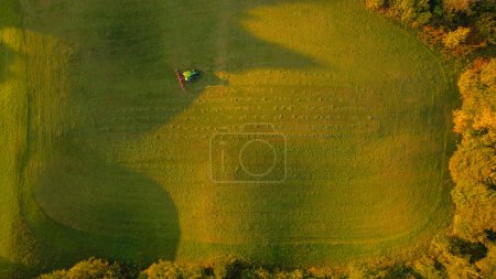 Foto de AERIAL, TOP DOWN: Tractor de granja con henificadora de heno girando sobre heno segado en otoño. Granjero aireando hierba para acelerar el secado al amanecer en una mañana de otoño. Preparación de forrajes para vacas en temporada de otoño. - Imagen libre de derechos