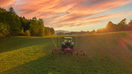 Téléchargez les photos : AERIAL: Rear view of tractor turning mowed hay with hay tedder at autumn sunset. Farmer aerating grass to speed up drying as part of haymaking process. Raking and tedding hay in beautiful sunlight. - en image libre de droit