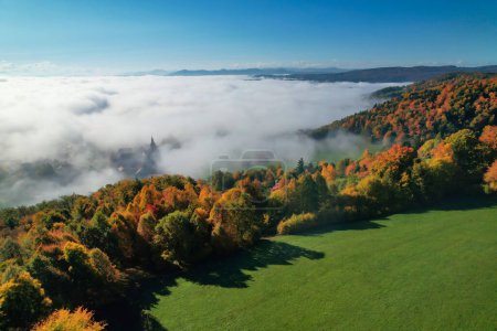 Téléchargez les photos : Colorful forest trees in autumn and village hiding under foggy cover. Stunning view of nature in fall season. Autumn colour shades spreading across picturesque and peaceful hilly landscape. - en image libre de droit