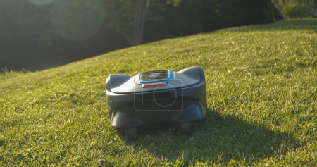 Téléchargez les photos : Modern robotic lawn mower cutting green grass in garden on a sunny day. Lawn robot, illuminated by golden sunlight, cutting green turf in the garden. Futuristic gardening equipment at work. - en image libre de droit