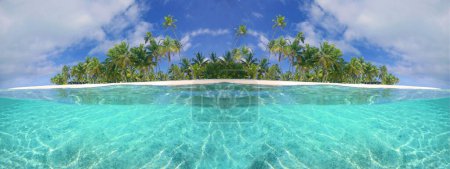 Foto de AGUA MEDIA: Vista panorámica de una playa de arena tropical y océano turquesa. Impresionante inyección submarina de agua de color joya que rodea una playa llena de palmeras en la soleada Polinesia Francesa. - Imagen libre de derechos