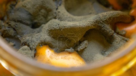Foto de MACRO, DOF: Vista detallada del molde marrón en la superficie de una inmersión de queso nacho caducado. Microorganismos repugnantes esparcidos en un frasco lleno de salsa de queso naranja. Comida chatarra pudriéndose en la despensa. - Imagen libre de derechos