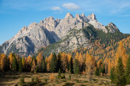 Téléchargez les photos : Belle montagne rocheuse dans les tours Dolomites au-dessus de la forêt pittoresque tournant feuilles. - en image libre de droit