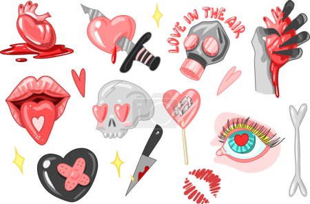 Creepy Valentine clipart, Spooky Valentine, Pastel Goth digital stickers, Alternative Valentine day vector EPS10. Vector illustration
