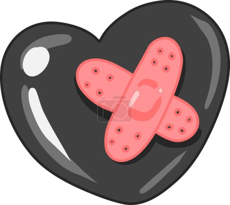 A black heart taped over with a Band-Aid, Creepy Valentine clipart, Spooky Valentine, Pastel Goth digital stickers, Alternative Valentine day vector EPS10. Vector illustration