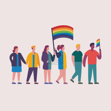 Ilustración de Desfile del Orgullo LGBTQ. Ilustración vectorial de un desfile de orgullo gay. Un grupo de personas participando en el desfile del Orgullo. Comunidad LGBT. Ilustración vectorial - Imagen libre de derechos