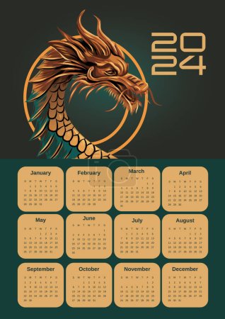 Calendar Dragon 2024. Vector poster calendar oriental Chinese New Year. Year of the Dragon paper cut. Bright colored zodiac dragon. Poster card. Vector illustration