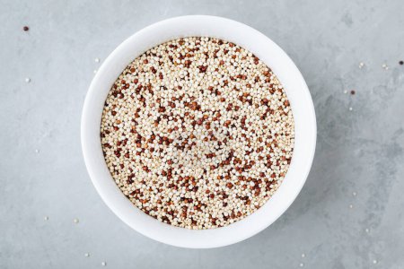 Photo for Quinoa. Red white brown quinoa seeds in bowl. Mixed organic raw quinoa seeds on gray stone background. Top view, copy space. - Royalty Free Image