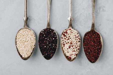 Photo for Quinoa. Red black white quinoa seeds in spoon on gray stone background, top view. Set with different types of quinoa in spoons. - Royalty Free Image