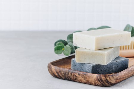 Photo for Soap. Organic soap bars. Stack of natural soap bars on gray stone background, copy space. - Royalty Free Image