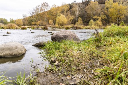 Foto de Árboles de otoño, hierba. Piedras de río, rocas. - Imagen libre de derechos
