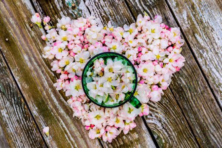 Foto de Corazón hecho de flores de primavera y taza verde sobre fondo de madera, vista superior - Imagen libre de derechos