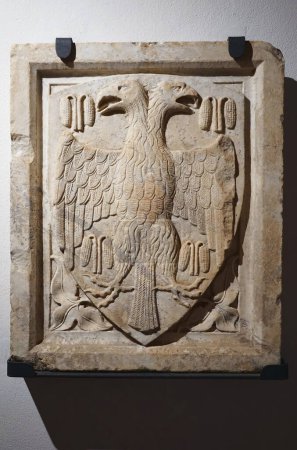 Foto de Alto relieve que representa un águila de dos caras en el antiguo pueblo de Chiusdino, Toscana, Italia - Imagen libre de derechos