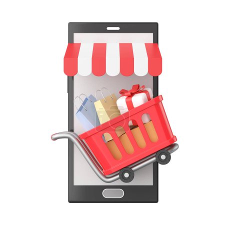 Téléchargez les photos : Shopping en ligne avec panier. Élément 3D. Illustration 3D. - en image libre de droit