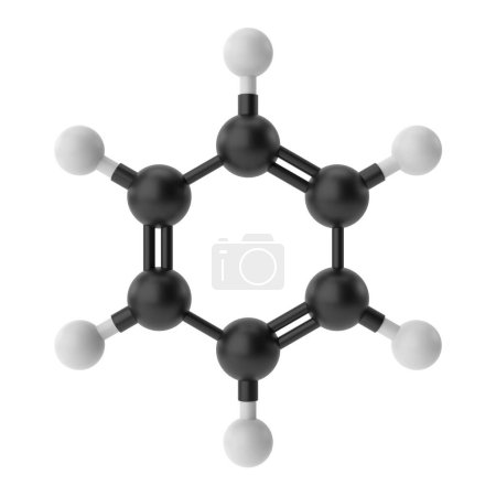 C6H6, fórmula química de benceno. Estructura química 3D. Ilustración 3D.